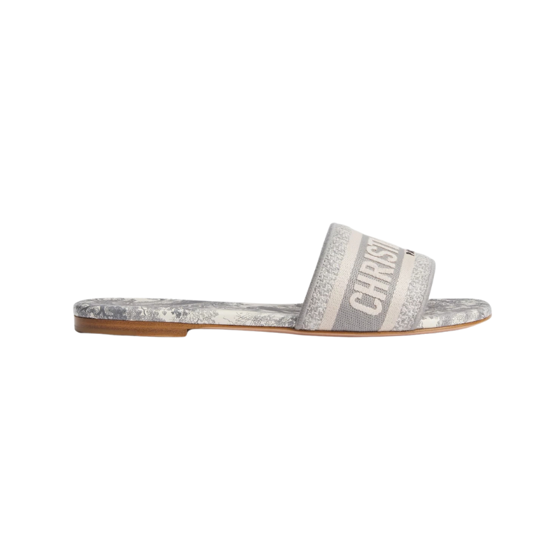 Dway Slide Gray Embroidered Cotton and Toile de Jouy Motif