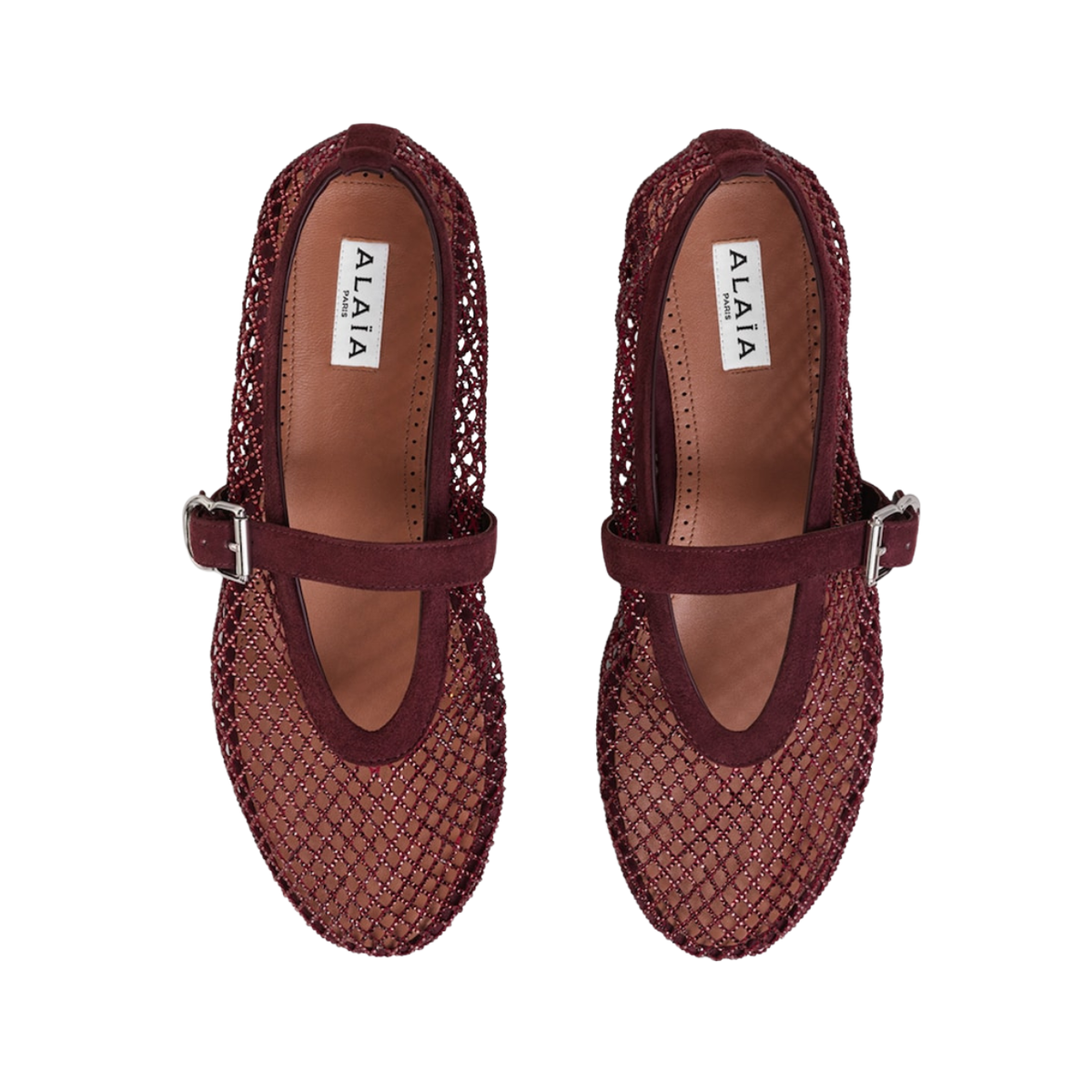 Alaia Fishnet Ballet Flats Burgundy in Crystal Mesh
